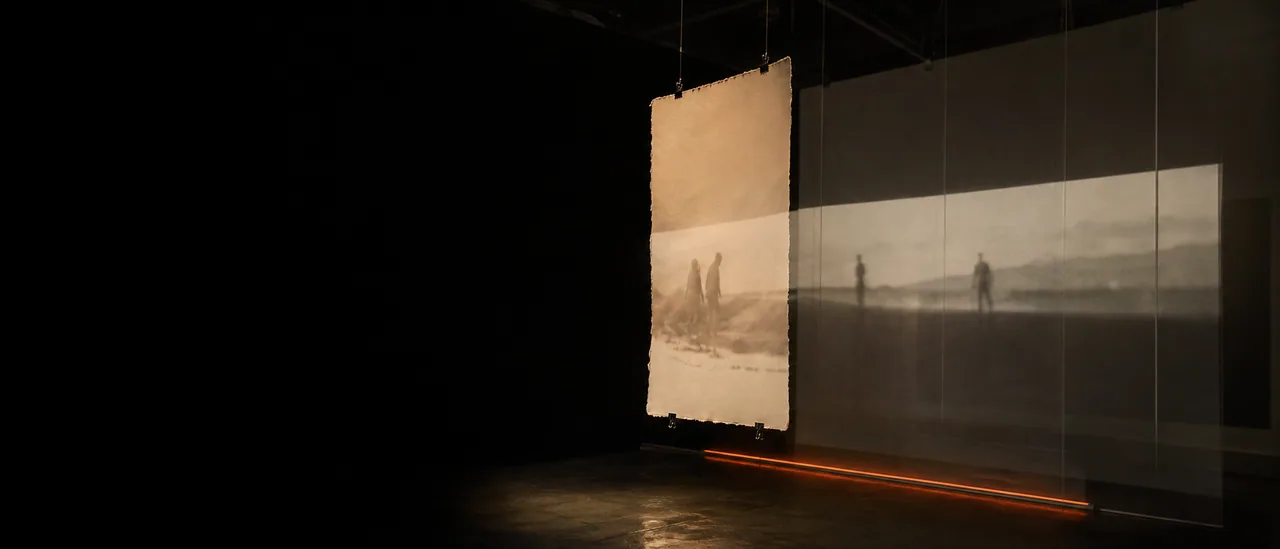A projected image moves from a suspended paper page across a translucent gallery surface.