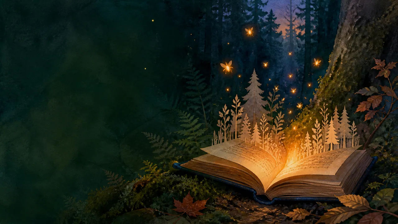An open storybook glows in a twilight forest as paper trees and fireflies rise from its pages.